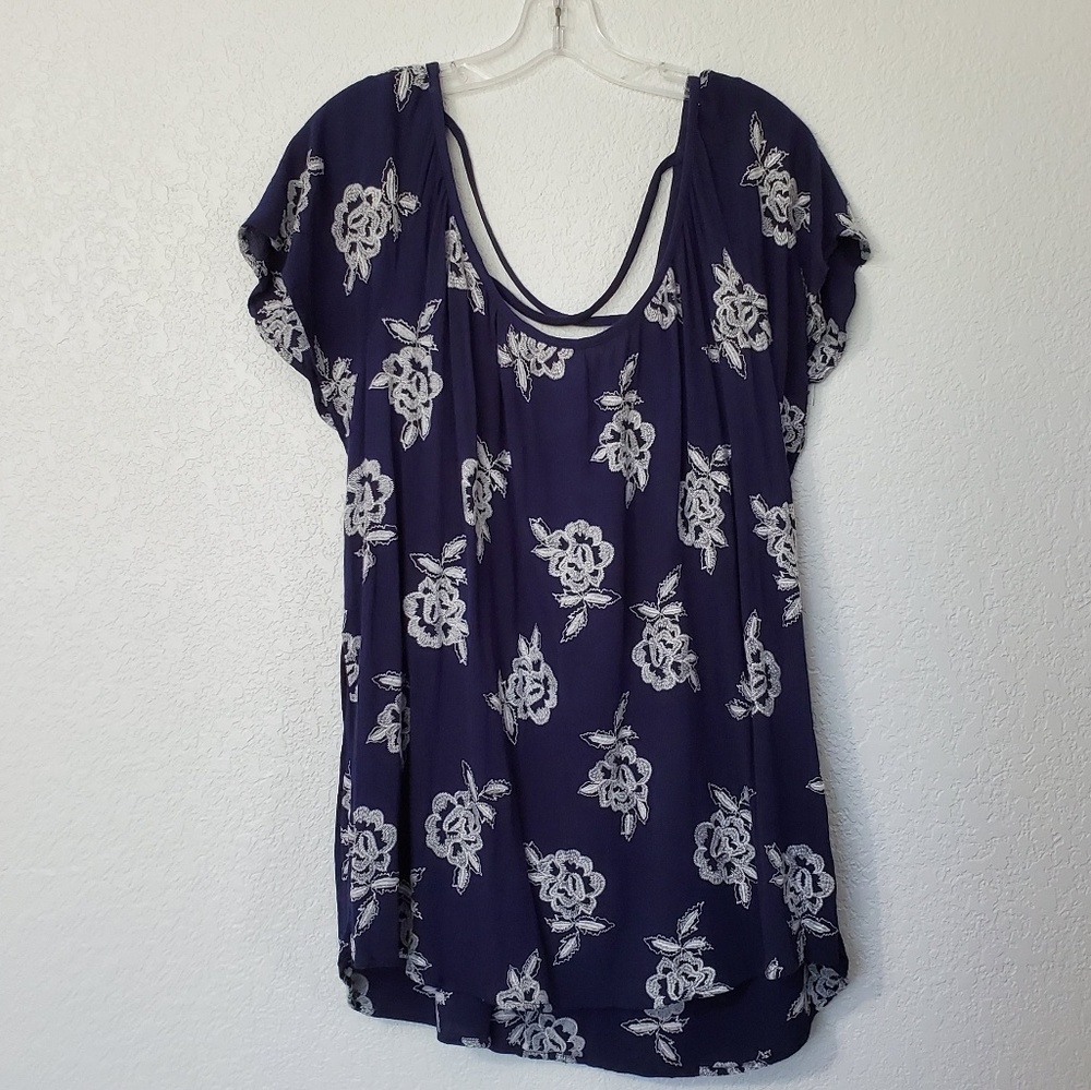 Navy Top With Embroidered Flowers
